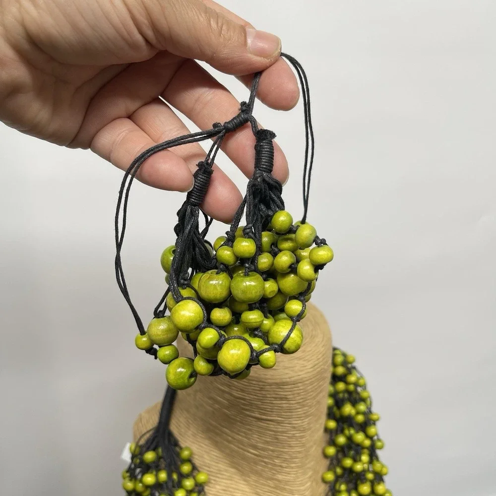 Bohemian Wooden Bead Necklace & Bracelet Set Multi Strand Chunky Lime Green
